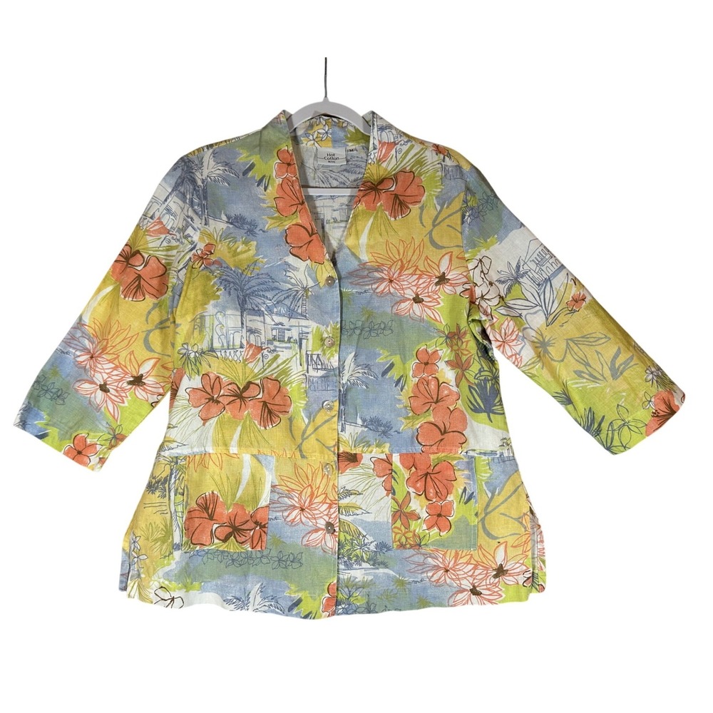 Hot Cotton Floral Tropical Button‎ Down Shirt Sz M Petite Linen Cotton Vaca USA